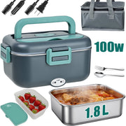 TINANA Electric Lunch Box Food Warmer, 1.8L Capacity, 100W Portable Food Heater with Stainless Steel Tray, Leak-Resistant Lid, Green