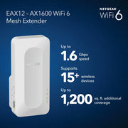 NETGEAR Nighthawk AX1600 WiFi 6 Mesh Extender, Dual Band, 1.6 Gbps, Gigabit Ethernet, White, EAX12
