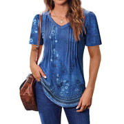 Fantaslook Womens Blouse, Dressy Casual V Neck Pleated Tunic Top, A Blue Floral