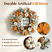 SmartBuyLife 18 Inch Artificial Fall Wreath with Autumn Maple Leaves, White Pumpkins, Berries, and Pinecones