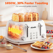 NICWIN 4 Slice Toaster with Extra-Wide Slots, Adjustable Browning Control, Defrost, Reheat, and Bagel Mode, White, WT340