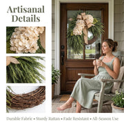 Handcrafted Hydrangea Wreath with Colorful Flowers and Natural Rattan Base
