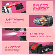 VQJTCVLY 21V Cordless Power Drill Set, Brushless Motor, 3/8 in Keyless Chuck, 25+1 Position Clutch, Pink