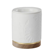 Better Homes & Gardens Botanical Leaves Porcelain Wax Warmer, White, Acacia Wood Base - 25-Watt Bulb