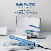 BaBylissPRO Nano Titanium 1 1/4 Inch Digital Ionic Hair Straightener, Blue, Dual Voltage, 5 Heat Settings up to 450F, BNT4090T