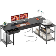 Amadwell 55 Inch L Shaped Computer Desk with Built-In Power Outlets, USB and Type-C Ports, 3 Fabric Drawers, Mesh Shelves, Black