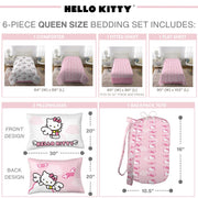 Sanrio Hello Kitty Kids 6 Piece Reversible Comforter Bed in a Bag, Pink, Queen, Polyester Microfiber, 7C363C