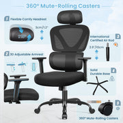 Coolhut Ergonomic Office Chair, High Back with Adjustable Lumbar Support, Breathable Mesh, 500 lb Capacity, Black