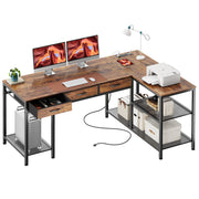 Amadwell 55 Inch L Shaped Office Desk with Built-In Power Outlets, 3 Fabric Drawers, Mesh Shelves, Rustic Brown