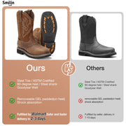HISEA Steel Toe Western Work Boots for Men, Full Grain Leather, Brown, Size 9
