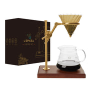 L'PICA Pour Over Coffee Maker Set, Adjustable Stainless Steel Stand, Wooden Base, Borosilicate Glass Carafe, 20 Paper Filters, Gold, ORM01 W