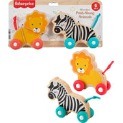 Fisher-Price Wooden Push Along Animals Toy Set, Lion and Zebra Vehicles with Silicone Wheels, Sustainable Wood, Infant Crawling Play, JFN19