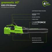 GreenWorks 2429902 Leaf Blower 60V 630 CFM 170 MPH with 2.5 Ah Battery & 3 Amp Charger