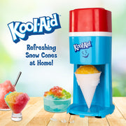 Nostalgia Kool-Aid Snow Cone Maker, Electric Ice Shaver with 64-Ounce Capacity, Safety Push-Down Handle, 4 Reusable Cones, Ice Scoop, Side Shelves, Red White Blue