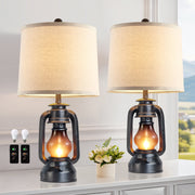 JUJUYUYOP 22-Inch Farmhouse Lantern Table Lamp Set of Two with Dual USB Charging Ports, Black Linen Shade, Frosted Glass, Industrial Style RO-001