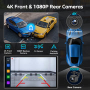 SJOYBRING 9 Inch Carplay Screen with 4K Dash Cam, 1080P Backup Camera, Wireless CarPlay, Android Auto, Bluetooth, GPS Navigation, Mirror Link, Voice Control