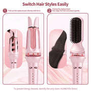 Huakeyou 3-in-1 Auto Rotating Curling Iron with Waver and Straightener Brush, Pink