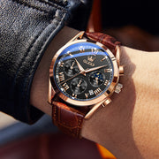 OLEVS Chronograph Men's Sport Watch, Luxury Classic Business Design, Brown Leather Strap, Waterproof, Luminous Analog Quartz, 40mm, 2871