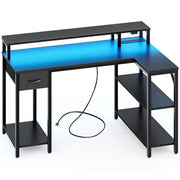Amadwell 47 Inch L Shaped Computer Desk with Customizable LED Lighting, Power Outlet, Drawer, Shelves, Black
