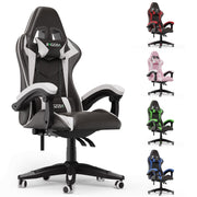 Bigzzia Ergonomic Game Chair w/Height Adjustable Headrest & Lumbar Support, Black & White, PU Leather