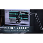 FIFINE K688 Dynamic Microphone Kit with XLR USB-C, Boom Arm Stand, Tap-to-Mute, Gain Control, Headphone Monitor Jack