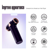 Lescolton Cordless Mini Hair Dryer, 3 Speeds, Metal Body, Battery Powered, Black, Includes Concentrator and Short Nozzle, LS-089