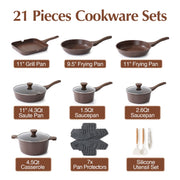 SENSARTE SA-YJ7-TB-7PCS Nonstick Pots and Pans Set, 21 Pieces Non Stick Granite Cookware Set, Brown