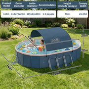 Liyufly Foldable Above Ground Kiddie Pool with Canopy Sunshade, Metal Steel Frame, Oval, 105in, Blue