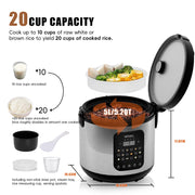 WHALL Digital Rice Cooker, 5 Qt, 9 Cooking Programs, 20-Cup Capacity, Stainless Steel, LED Display, 12-Hour Delay Timer