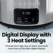 Chefman 7-Quart Digital Slow Cooker, Programmable 24-Hour Timer, Low High Warm Settings, Removable Ceramic Crock, Tempered Glass Lid, Stainless Steel, RJ15-7-SS-D