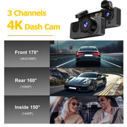 RBSTOSTO 4K Full UHD 3-Channel Car Dash Cam, Front Rear Inside Cameras, 2.0 in IPS Screen, Super Night Vision, WDR, 32GB Card