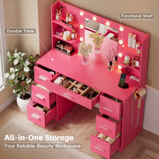 Lacoo Vanity Desk with Mirror and LED Lights, Makeup Vanity with 7 Drawers & 4 Shelves, Dark Pink
