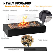 East Flame Tabletop Fire Pit, Portable Rectangular Propane Fireplace with 360 Tempered Glass, 2000 BTU, Black - Steel Base