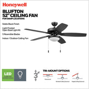 Honeywell Blufton 52 Inch Traditional Black Indoor Outdoor Ceiling Fan with Reversible Blades, Frosted Glass Light Kit, Three-Speed Motor, 4-Inch Downrod
