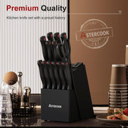 Astercook K15016P Knife Set, 15 Pieces Kitchen knives Set with Built-in Sharpener, High Carbon German Stainless Steel Chef Knife Block Sets, Sharp & Rust Resistant Dishwasher Safe, Black