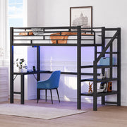 Zimtown Twin Loft Bed with Desk, 15-Inch Guardrail, Black Iron Frame, Storage Step Ladder, Dual Charging Outlets, 19065660517