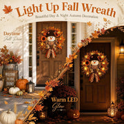 Generic Fall Wreath with Scarecrow, Sunflowers, Maple Leaves, Warm LED Lights, Burlap Bow, 20 Inch