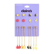 Claires 51668 Gold Emoticon Stud and Drop Chain Pendant Earrings Set with Other Gemstone Accents, 8-Pack