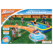 Banzai Aqua Drench 3-in-1 Splash Park with Curved Water Slide, Inflatable Pool, Built-in Sprinkler, Inflatable Bodyboard, Blue and Orange, 15 ft