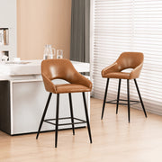 Mainstays Bar Stool Set of 2, Mid-Century Modern Brown PU Leather Upholstered Seats, Black Steel Legs, Adjustable Foot Caps, 25.6 in Seat Height, MS13039360710C3