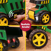 John Deere 16in Metal Dump Truck Toy with Motorized Dumping, LED Lights, Sounds, Heavy Duty Steel Bed, Extra Large Wheels for Kids 3+