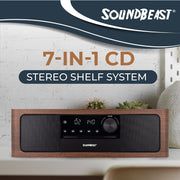 SoundBeast Stereo Shelf System, 7-in-1 Audio with CD Player, Bluetooth, FM Radio, USB Playback, Aux and Optical Inputs, Alarm Clock, Brown, CD25