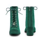 BLISSFUL STEP Women's Ankle Boots, Floral Lace Design, Square Toe, Lace-Up and Side Zip Closure, 2.4-Inch Block Heel, Green, Size 9