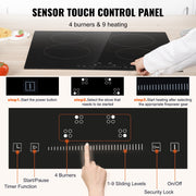 KFFKFF Electric Cooktop, 4 Radiant Burners, 6000W, Ceramic Glass Top, Touch Controls, Built-in Timer, Child Lock, 9 Heat Levels, Black, 23.2x20.5 in, LT4-77