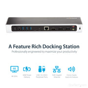 StarTech.com Triple 4K USB-C Laptop Docking Station, 60W Power Delivery, 3 Video Outputs (2 DisplayPort, 1 HDMI), 5 USB 3.0 Ports, Gigabit Ethernet, Audio Jacks, Black & Space Gray, DK30CH2DPPD