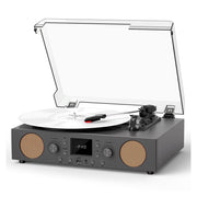 TANLANIN Record Player, 3-Speed Belt-Driven Turntable with Built-In Speakers, FM Radio, Bluetooth, RCA Line Out, AUX In, USB Recording, Auto Stop, Gray