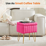 ZUNMOS Ottoman Vanity Stool Chair with Storage, Modern Rose Red Faux Fur Seat, 4 Metal Legs with Non-Slip Feet