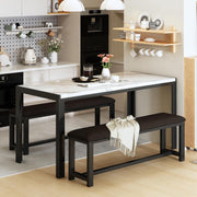 LTTROMAT Dining Table Set for 4, Faux Marble Kitchen Table Set with 2 PU Leather Benches, White - Space-Saving Design