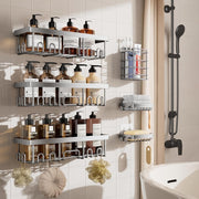 Ophanie Adhesive Shower Caddy 6 Pack, Large Capacity Bathroom Organizer Set, No Drilling Wall-Mounted, Silver