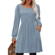 SHINE UP Womens Fall Square Neck Long Sleeve Knee Length Dress with Puff Sleeves and Deep Pockets, Blue, Loose Fit